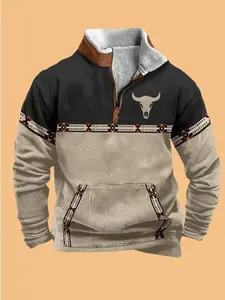 Western Fleece Jacket Men's Aztec Wool Fleece Pullover Winter Half Zip Stand Collar Vintage Western Sweater