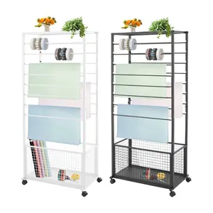 16 Tier Double Sided Rolling Storage Rack Black White Iron Heavy Duty 50kg Capacity Lockable Wheels Mobile Organizer for Ribbon Fabric Scarf Towel Belt Tie Display
