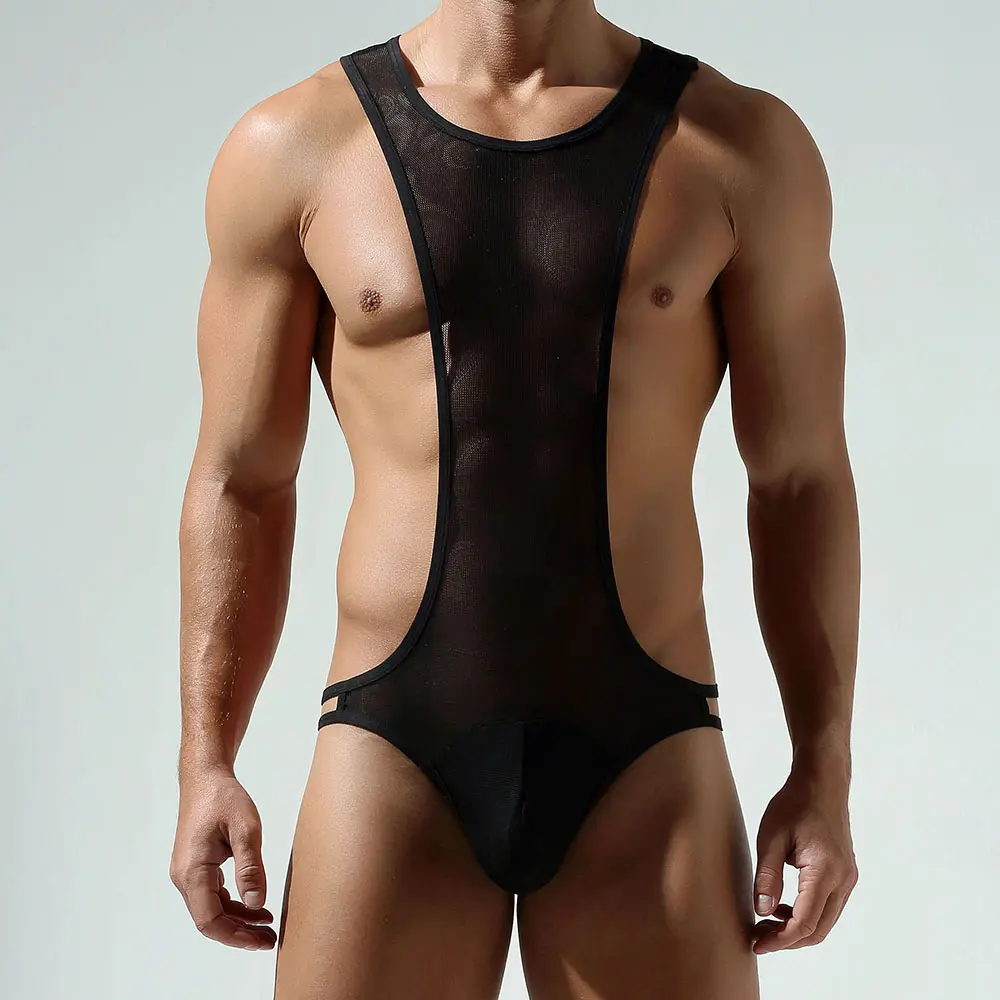 TAUWELL Men’s Mesh Bodysuit, High-Cut One-Piece Underwear with Pouch and Side Cutouts, Stretch Singlet for Dance, Festival, Stage, Costume & Clubwear-24702