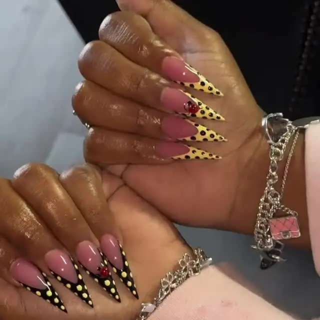 J58 Nailed by Vibe -Polka Dot Stiletto Press-On Nails, Nude Pink Base with Black and Yellow Dot French Tips, Handmade Statement Set, Gift for Her