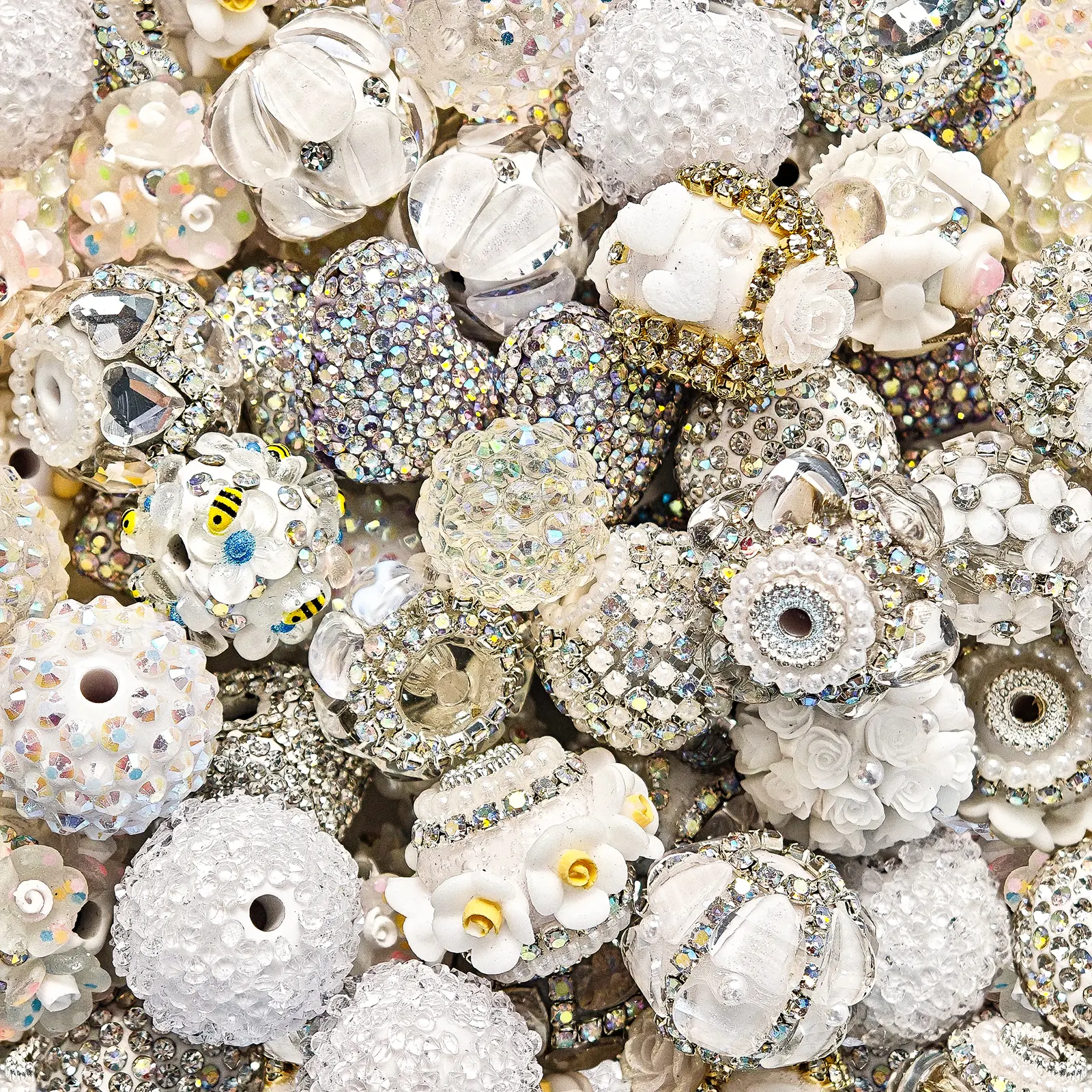 10Pcs Full Rhinestone Through Hole Beads - Mixed Heart, Square, Round Shapes with 3D Flower Decor, Vintage Coquette Style Beads Charms Accessories for DIY Craft Embellishments, Pen Phone Charm Crafting, Diy Projects