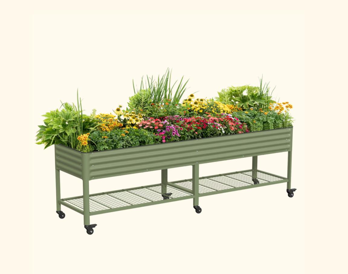 Vego Garden Rolling Elevated Raised Garden Bed V Series with Lockable Wheels & Storage Rack for Patio Porch 700 Lbs Capacity Outdoor Planter Box for Vegetables Flowers Herbs Heavy Duty Olive Green