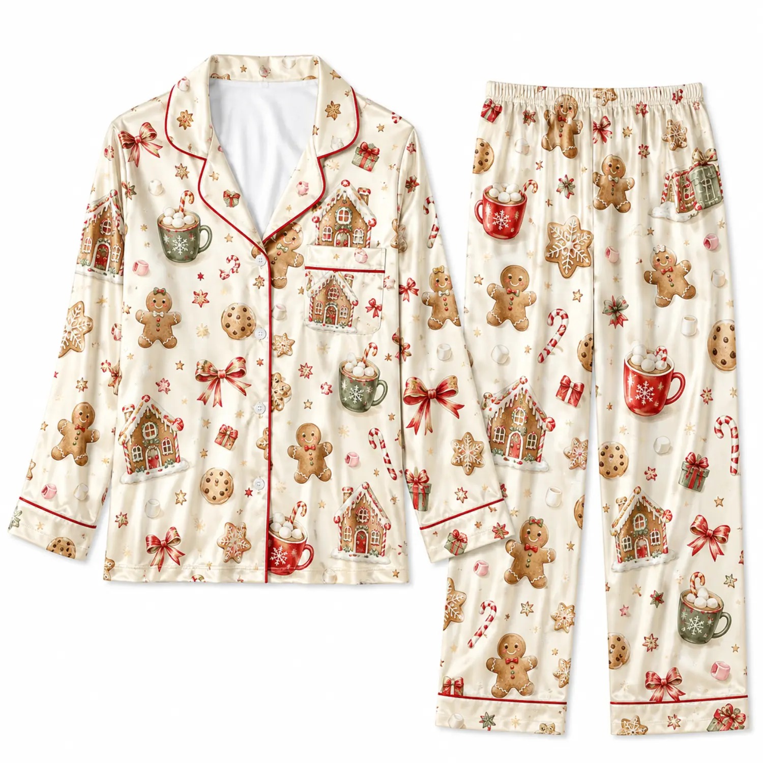 Women’s Christmas Gingerbread Print Long Sleeve Button Pajama Set with Elastic Waist Pants for Cozy Winter Sleepwear