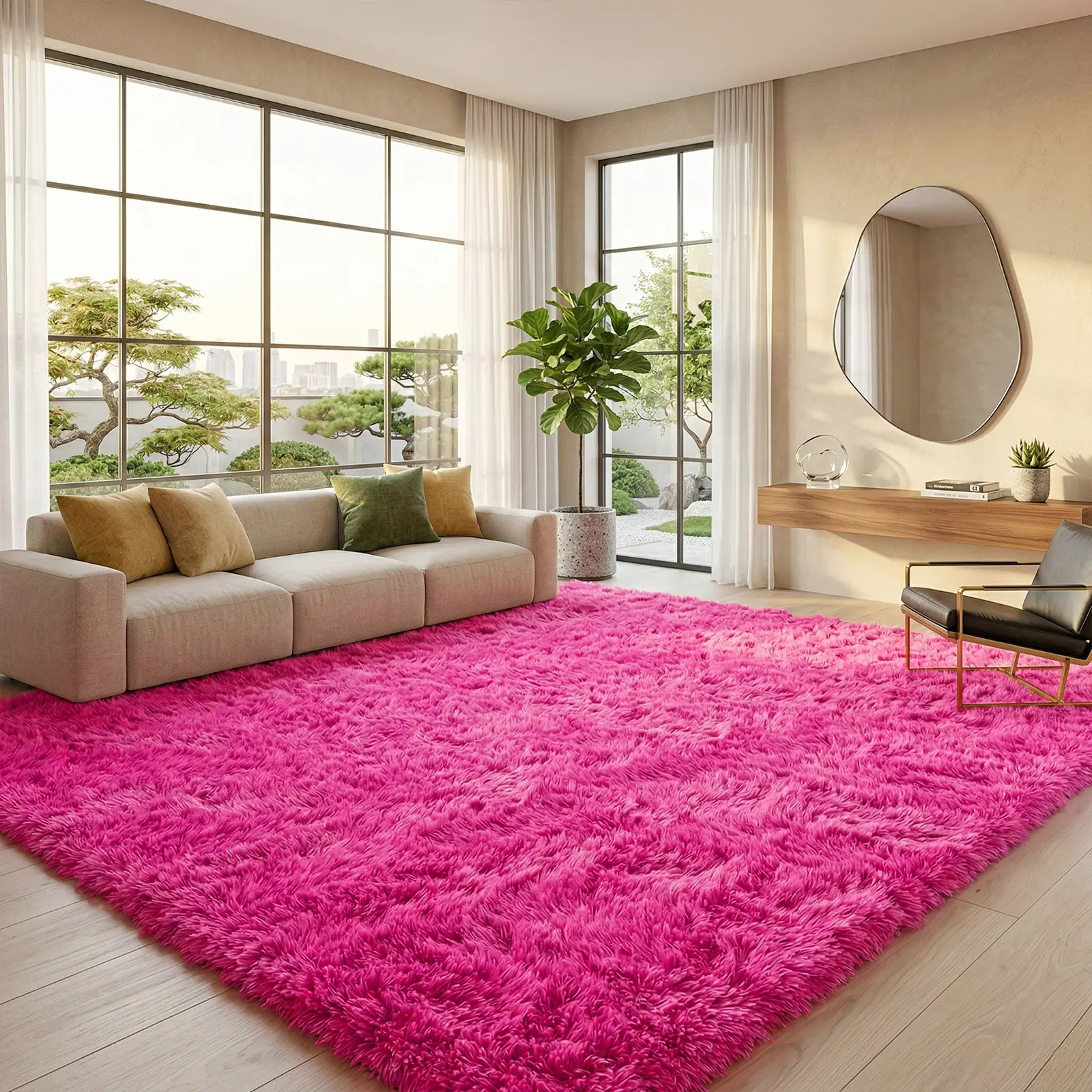 【Back to School】PLUMLIK Hot Pink Shaggy Area Rugs for Living Room, Ultra Soft Fluffy Big Carpets for Bedroom, Modern Thick silky Rug for Summer Decor Aesthetic, Upgrade Non-Slip backing, Dry Clean Only, room decor for girls, Bridal Shower Gift