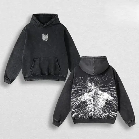 Men's Eren Attack on Titan Graphic Cotton Wash Pullover Hoodie - Menswear, Longsleeves, Winter-Ready, Casual Streetwear, Anime Manga Sweatshirts, Anime Fan Favorite