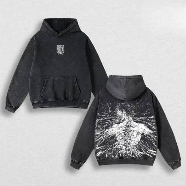Men's Eren Attack on Titan Graphic Cotton Wash Pullover Hoodie - Menswear, Longsleeves, Winter-Ready, Casual Streetwear, Anime Manga Sweatshirts, Anime Fan Favorite