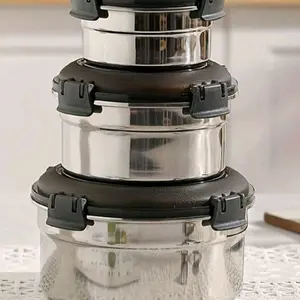 3pcs Stainless Steel Bento Set, High-Temperature Resistant With Leak-Proof Sealing Lunch Boxes, Portable Fruit And Salad Containers, Suitable For Refrigerator And Induction Cooker Use, Ideal For Camping, Picnics, Office, Cafeteria Settings