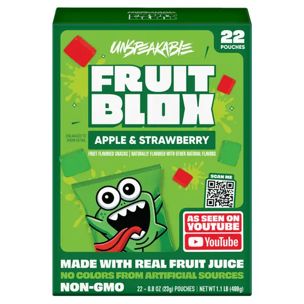 FruitBlox Unspeakable Apple & Strawberry Fruit Snacks, 22 Count Candy Bonbon Chewy Soft Juice Artificial Juicy Center Fruit Gummy