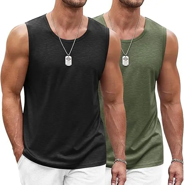 COOFANDY Men's Workout Tank Top 2 Pack Casual Soft Sleeveless Gym Muscle Shirts Bodybuilding Tee Menswear Round Neck Basketball Compression Basketball Compression Shorts Sport   Vests Plain