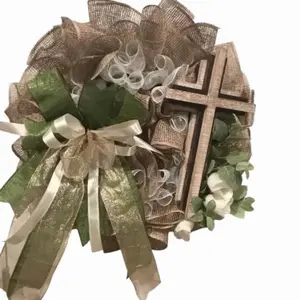 Rustic Burlap Cross Wreath, Farmhouse Easter Door Decor, White Florals, Green Bow
