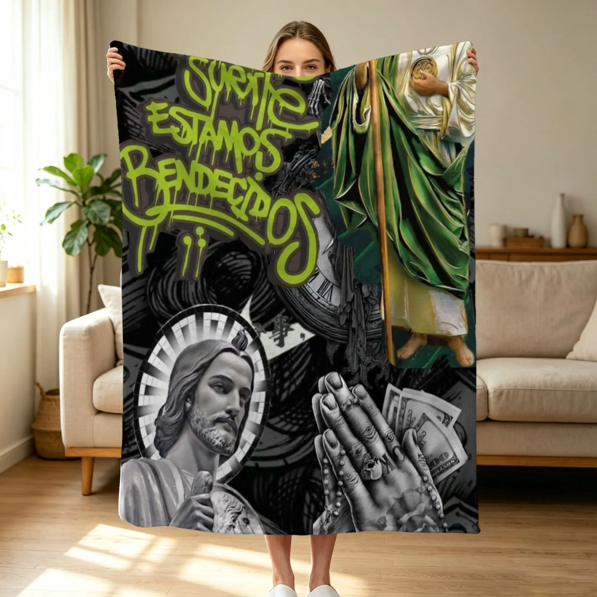Graffiti Style Religious Art Throw Blanket, Jesus And Money Design With Spanish Text In Bold Neon Green, Soft Fleece For Couch Bed Or Wall Hanging, Washable Living Room Decor Gift