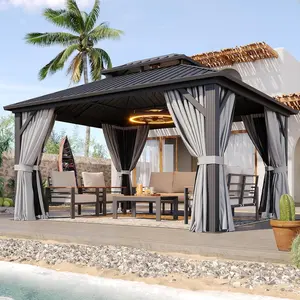 【2-3 Packages Shipping】Aoxun Hardtop Gazebo 10x12 Aluminum Frame Canopy Double Galvanized Steel Roof Breathable Netting Privacy Curtain for Backyard Outdoor Use