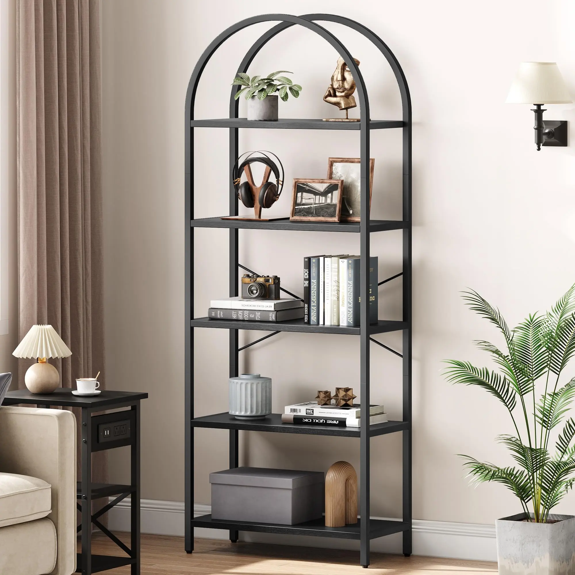 Industrial 5-Tier Arched Top Bookshelf - Farmhouse Open Storage Bookcase with Metal Frame, Adjustable Shelves, Anti-Tip Strap for Bedroom, Home Office, Smooth, Wood