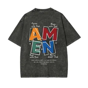 AMEN,Agree With God,Move With God,End With God,Never Doubt God, Classic Letter Header Design, Shoulder Drop Design, God Bless You, Classic Retro Fashion Casual Popular Color Letter Pattern Printed Boutique 230g Washed Cotton T-Shirt, Men's washed pure cot