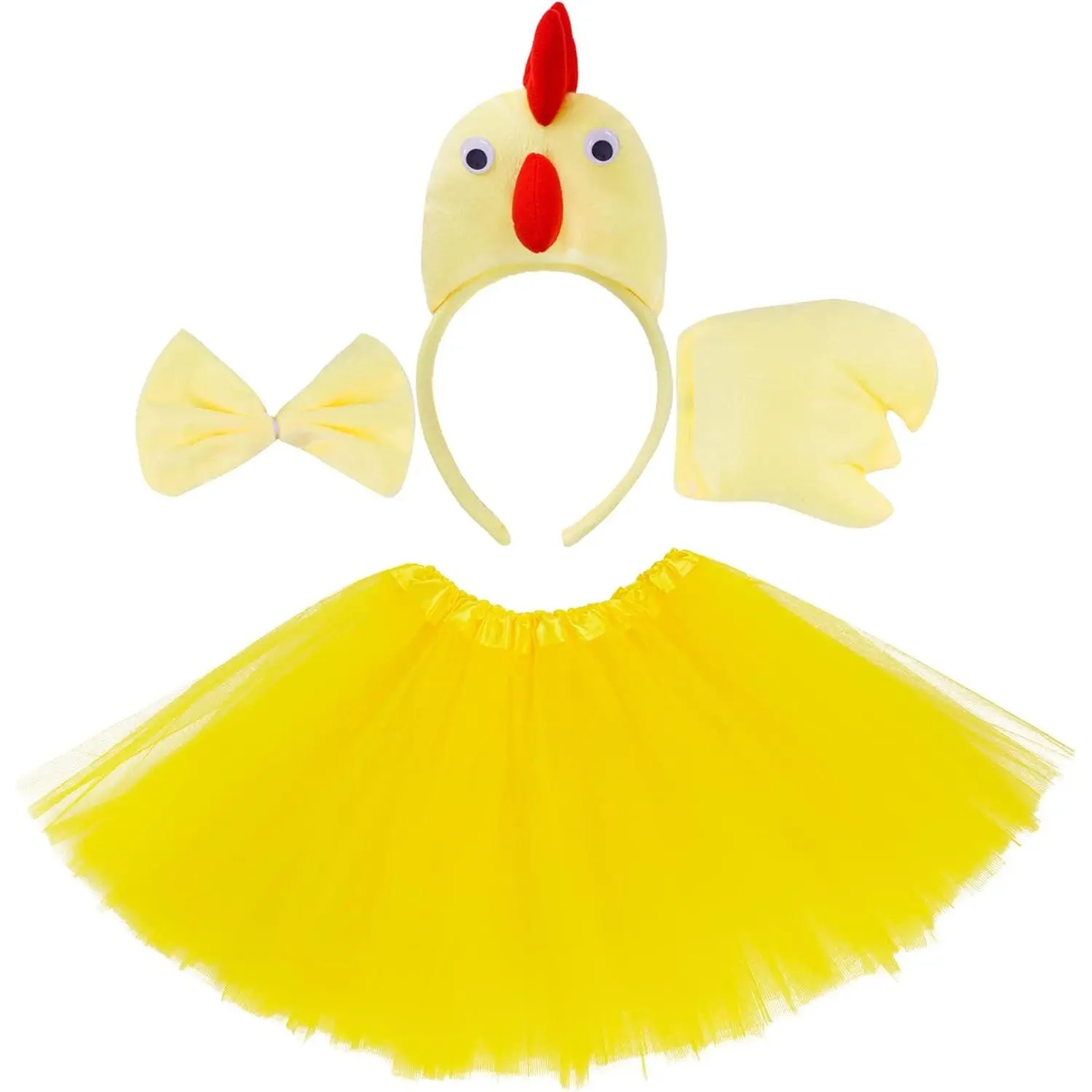 Girls' 4-Piece Fantasy Chicken Costume Set for 11-12 Years - Plush 3D Ears Headband, Yellow Tutu Skirt, Bow Tie, Chicken Tail (Polyester, Plush, Elastic Band, 16.5" Relaxed to 32.3" Fully Stretched, One Size Fits Most) for Halloween, Dancers