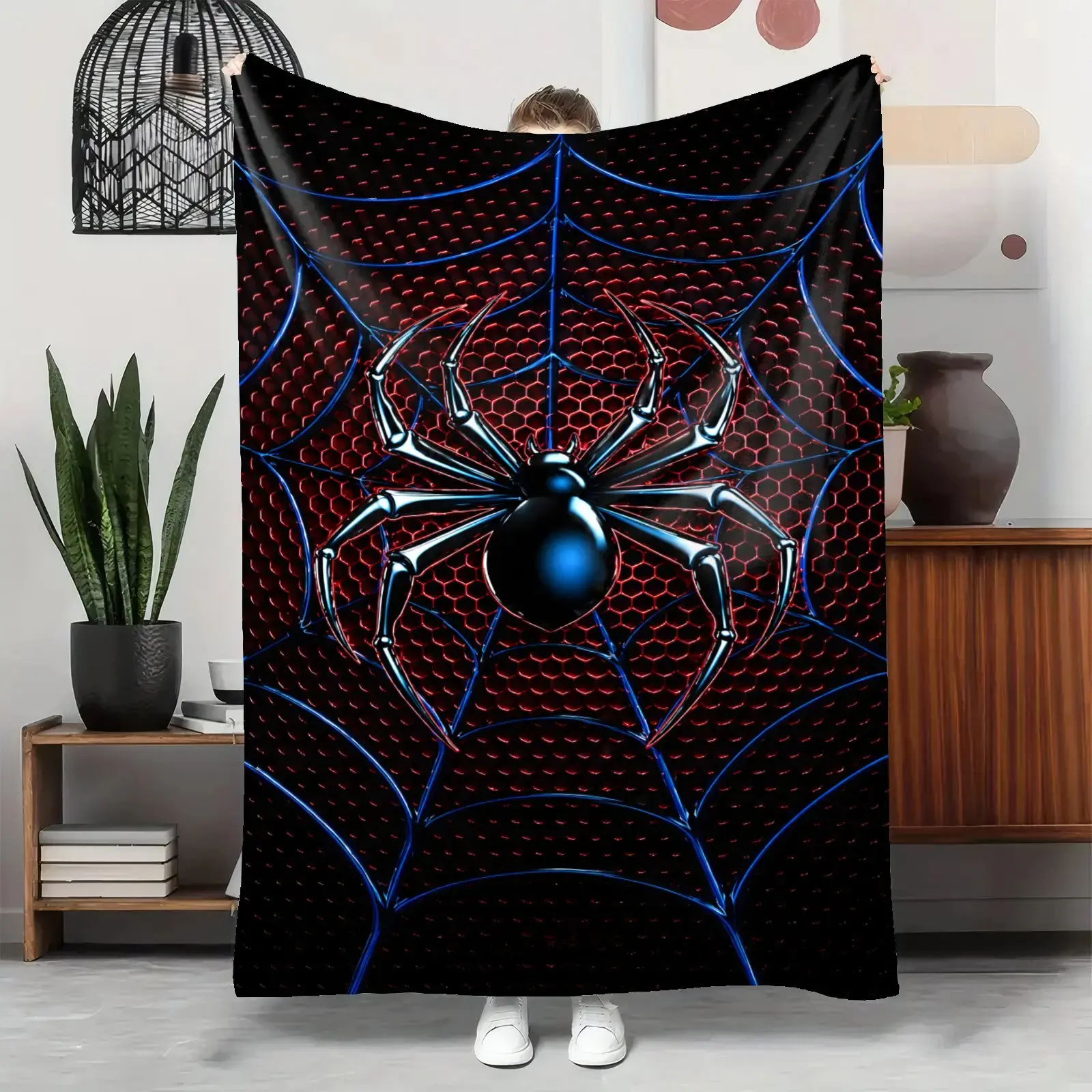 Spider Pattern Throw Blanket, Red-Blue Color Contrast, Easy-Clean, Multiple Sizes, Home/Office Use, Gift Idea for Spider Lovers, TikTok Viral Aesthetic Soft Furnishing