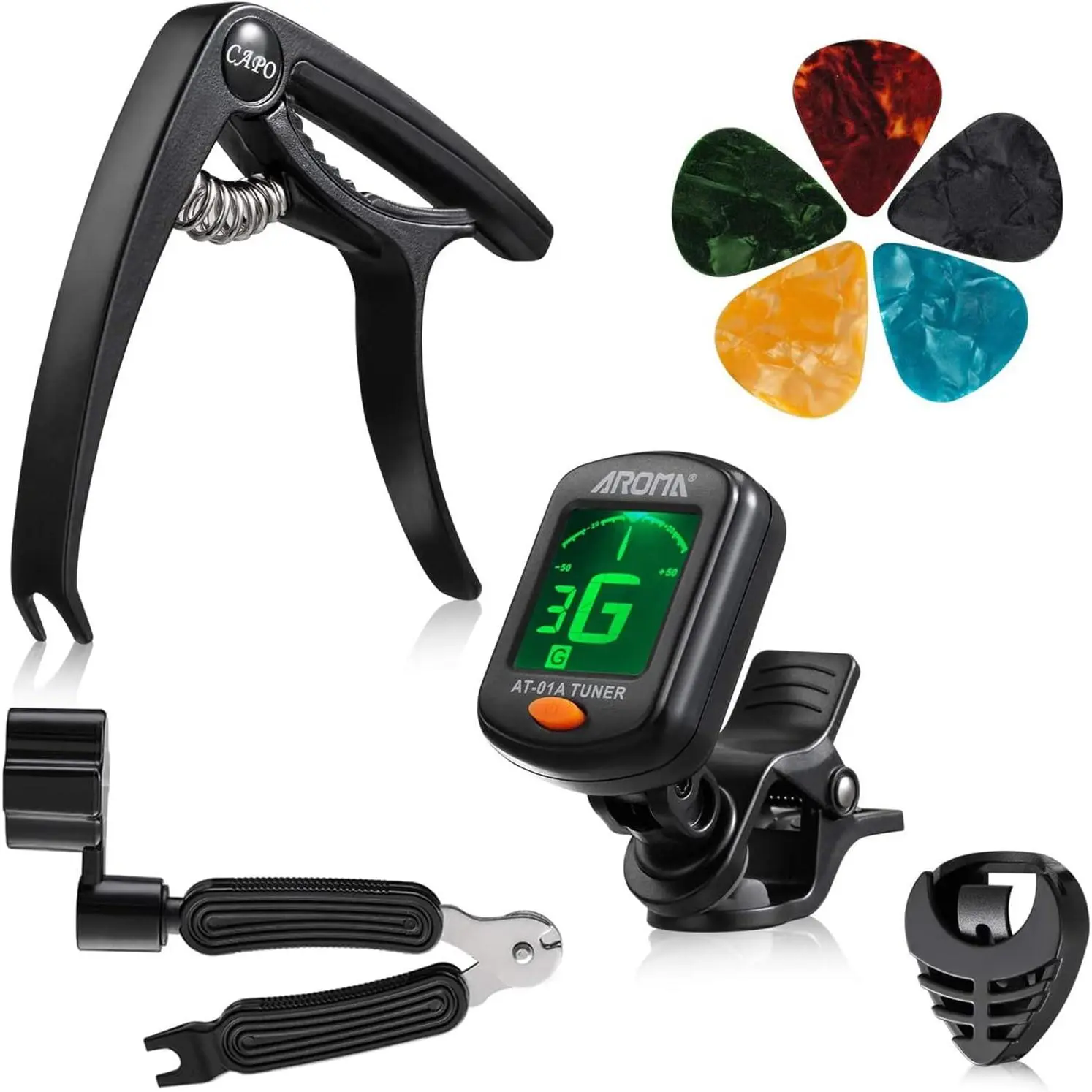 9-Piece Guitar Multi-Tool Kit - Adjustable 1-Hand Capo, Chromatic LED Display Tuner, String Winder, Picks, Pick Holder for Acoustic & Electric Guitar Beginning Players, Adjustable With One Hand