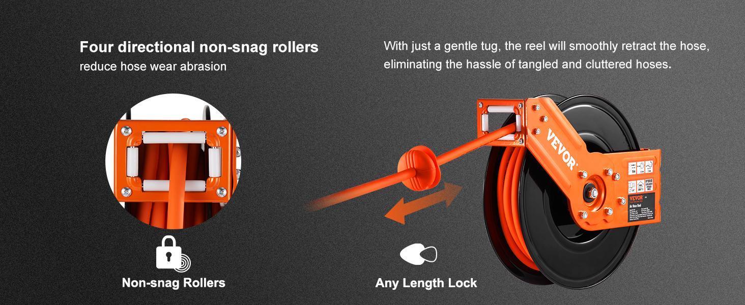 【Back to School】VEVOR Retractable Auto Rewind Air Hose Reel, 100 FT Kink-Free Hybrid Hose (300 PSI), 5 FT Lead-In, Ceiling/Wall Mount Heavy-Duty Single Arm Steel Reel with Double Stopper & Mount Included