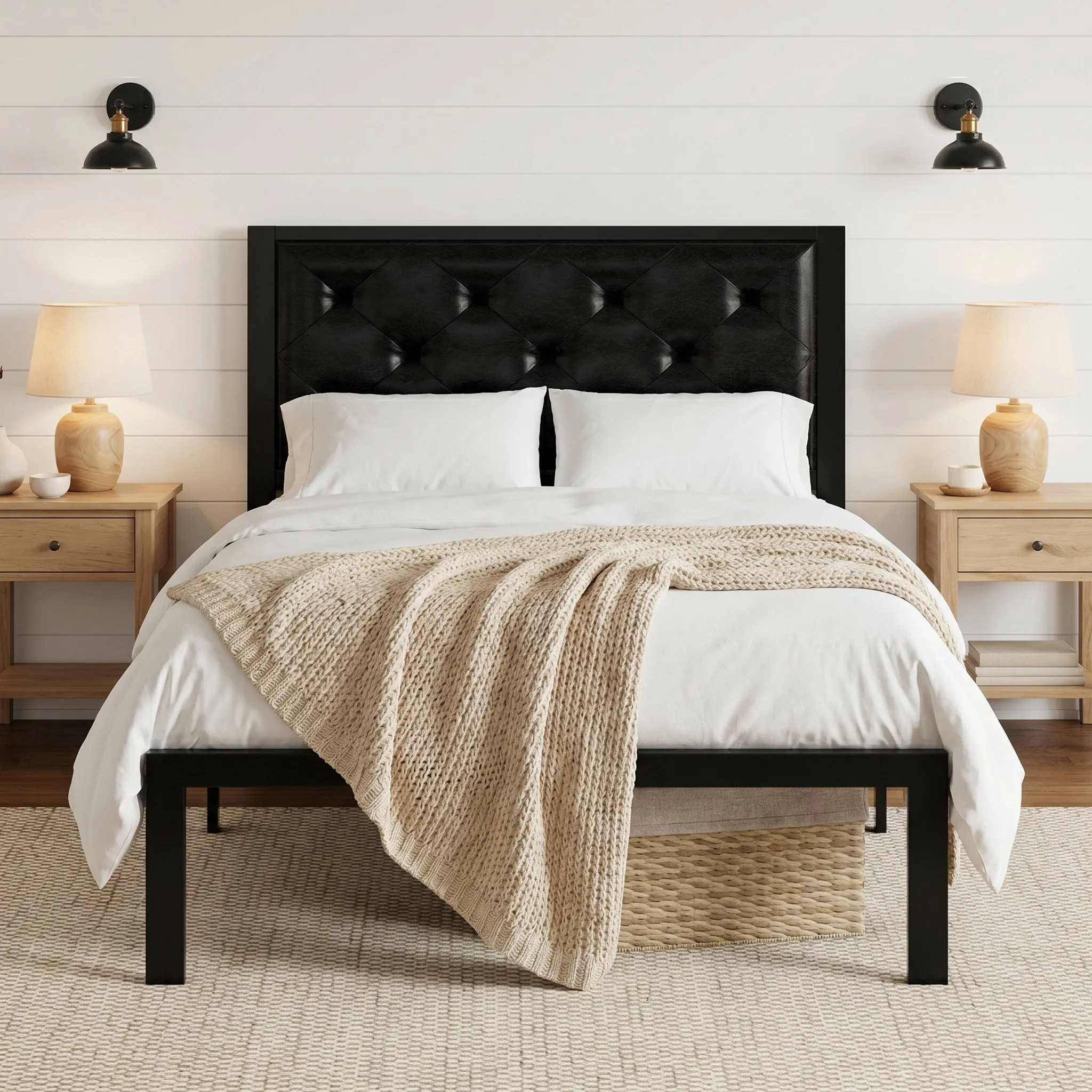 SHA CERLIN Metal Upholstered Platform Bed Frame with Headboard of Button Tufted Linen Fabric /Faux Leather,【Frame Only No Mattress】Twin/Full/Queen/King Size, Iron Slats Support, No Box Spring Needed Summervibes Father's day Gift,dorm essentials,home decor
