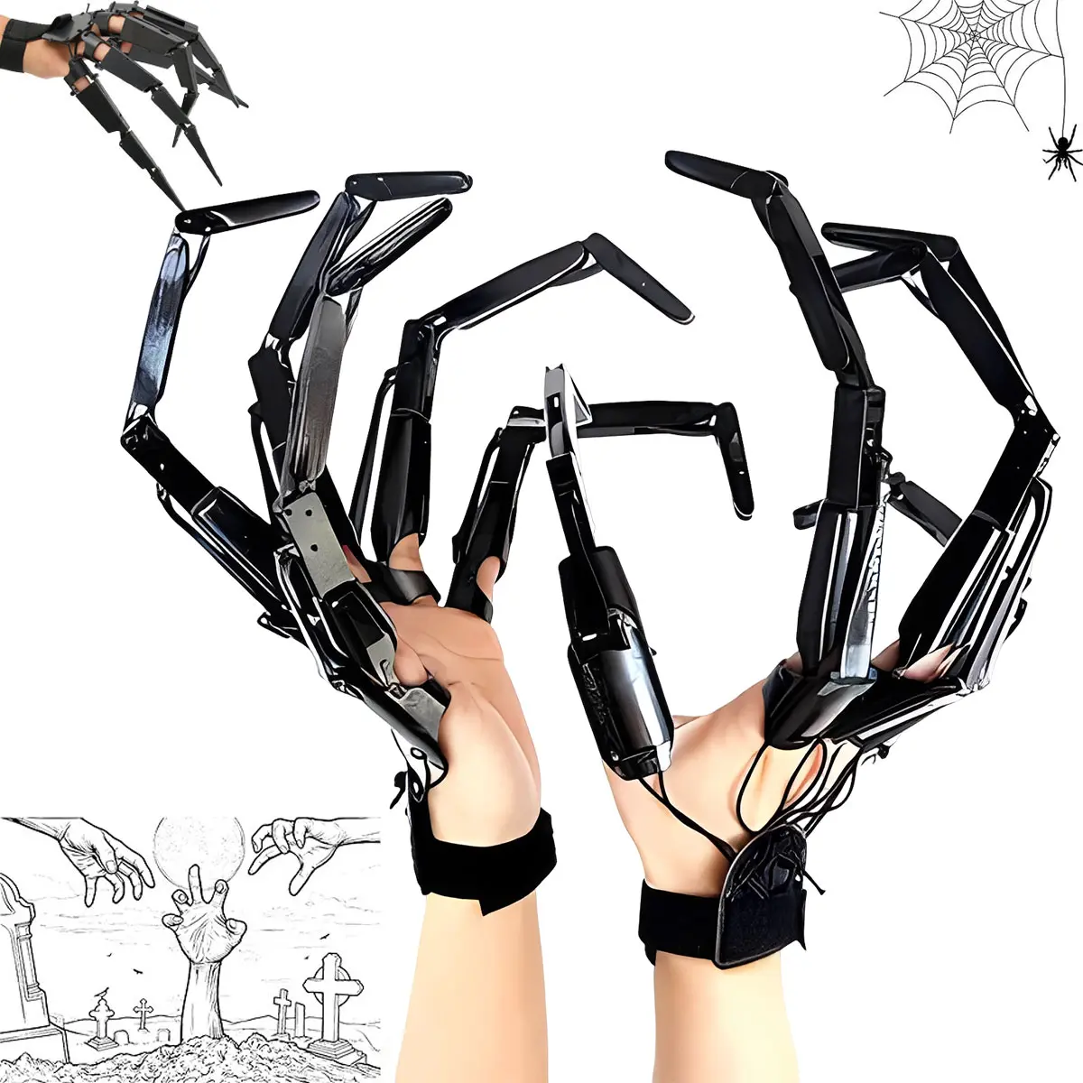 Halloween Articulated Fingers with Gloves Flexible Articulated Finger Extensions Scary Skeleton Bone Claw Hand Cosplay Costume Prop Halloween Fever Decor One Size Fits Most Finger Sizes