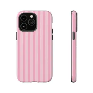 Tough Phone Case: Light Pink Striped, Trendy Cute Preppy Coquette Design. Anti-Drop, Waterproof, Shockproof, Scratch-Resistant Full Protection, Glossy Finish for iPhone 11, 12, 13, 14, 15, 16, 17 Pro Max Plus.