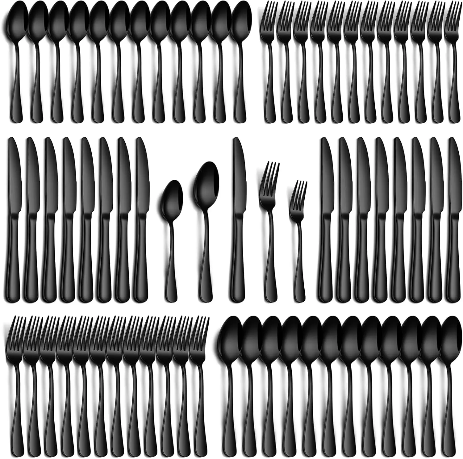 LVABZ 60pcs Stylish Silvery/Black Stainless Steel Cutlery Set - 12-Adult Traditional Dinnerware Set with Steak Knives, Salad Forks, Dessert Spoons, Gift Boxed, Dishwasher Safe, Campfire/BBQ Party Gifts, Kitchen Accessories, Dinnerware Sets