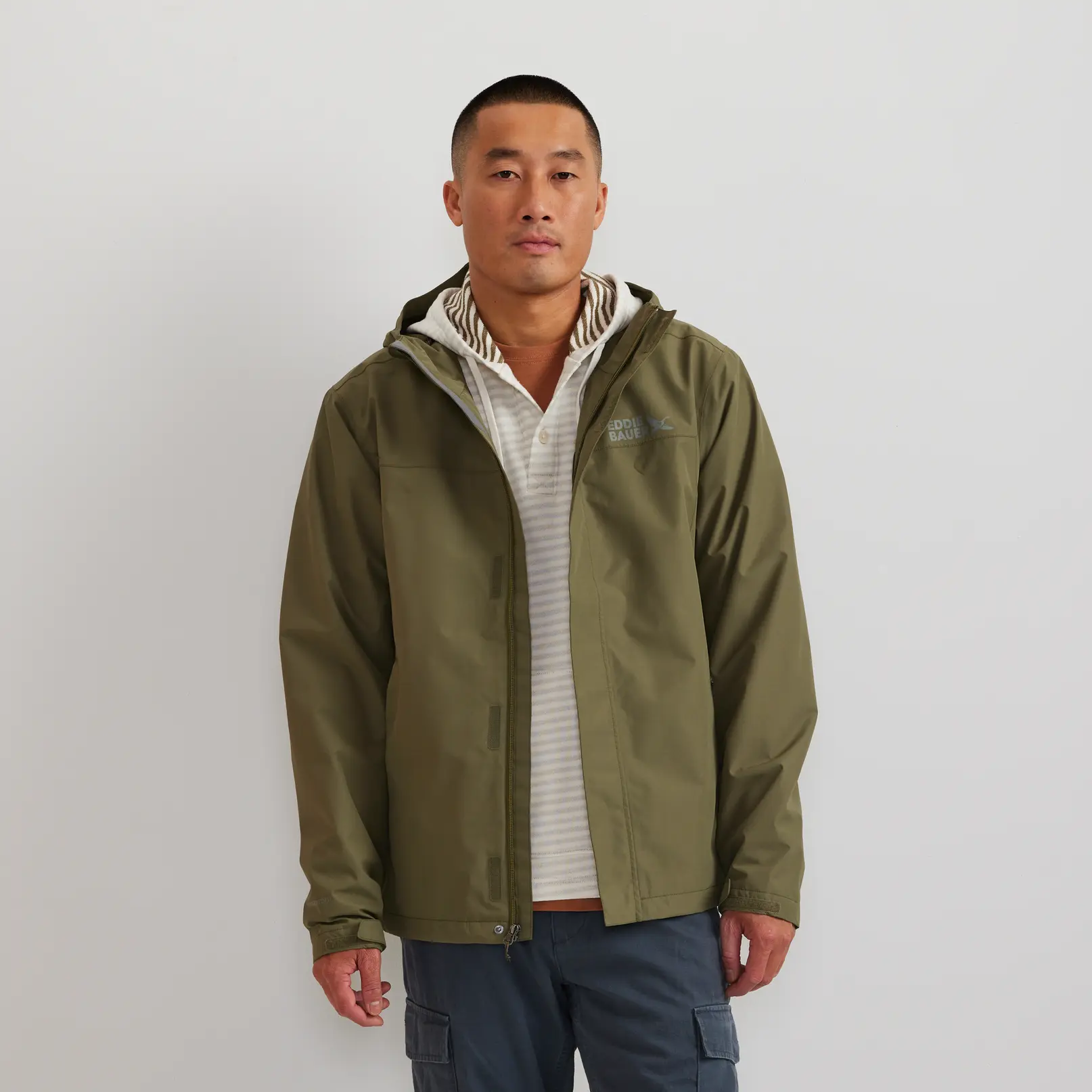 Eddie Bauer Men’s Rain Trek Waterproof Packable Rain Jacket DWR Finish Packable Chest Pocket