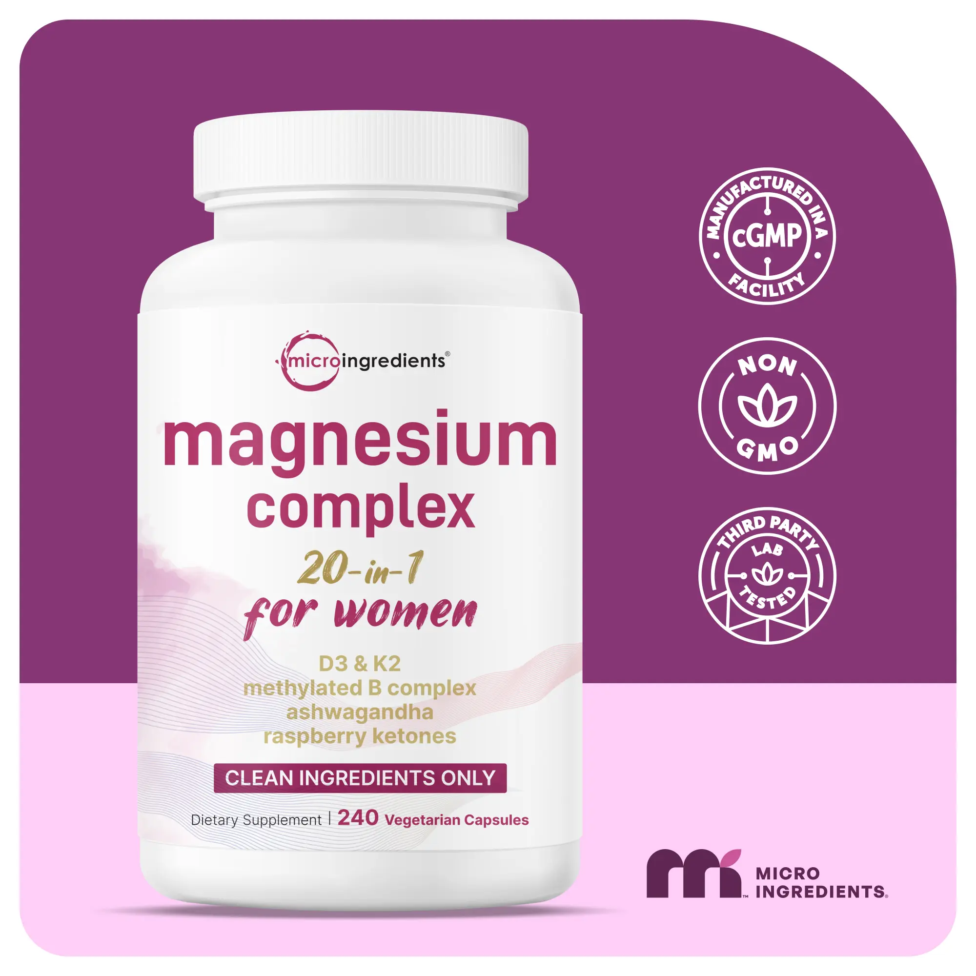 Magnesium Complex for Women, 240 Vegetarian Capsules | 20-in-1 Formula - Magnesium Blend with Vitamin D3, K2, Ashwagandha & More | Filler Free, Non-GMO