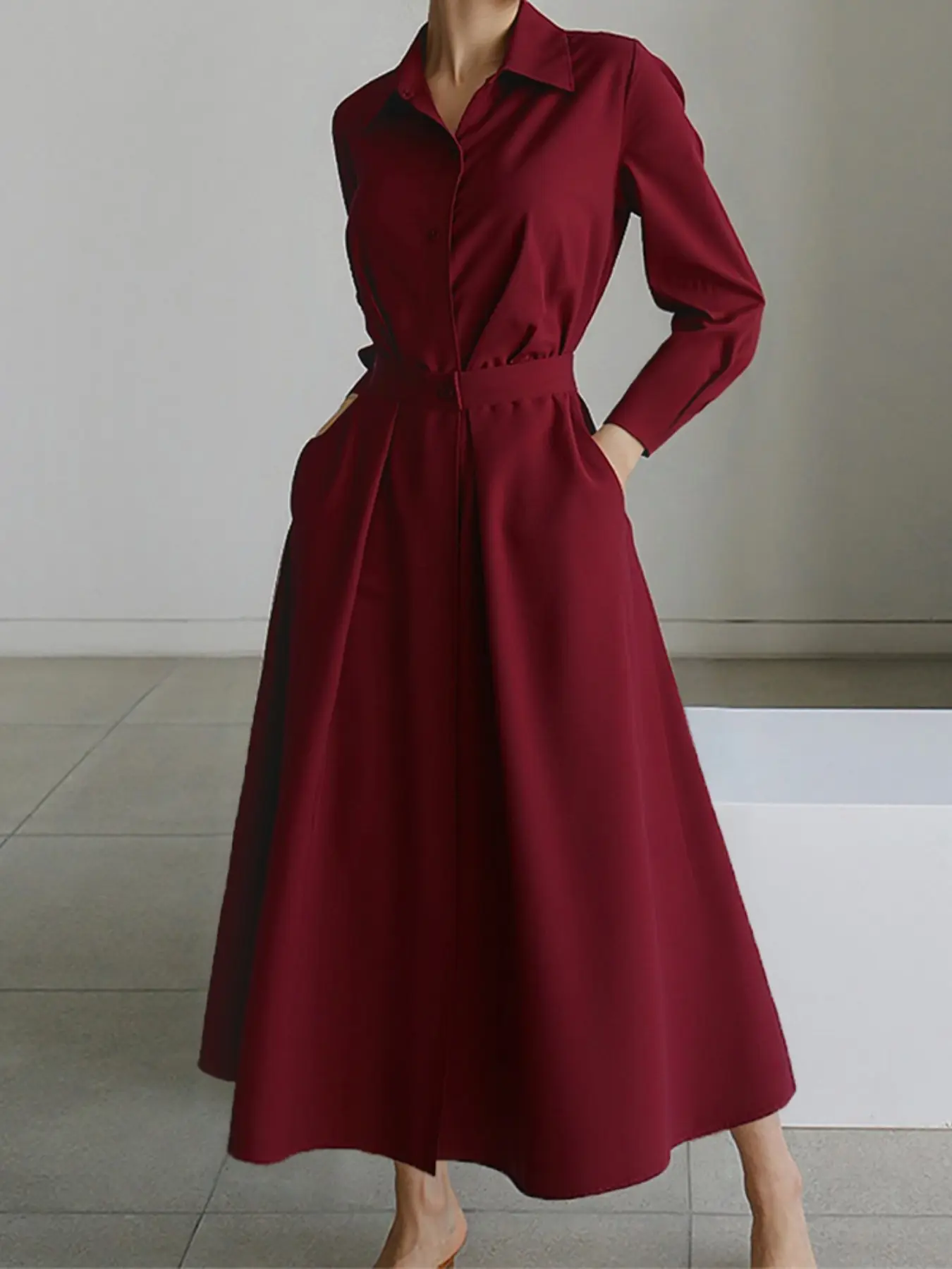 Elegant Chic European Style Commuter Casual Comfy Classy Wear Womenswear Solid Ruched Dress, Stand Collar Nine-Quarter Sleeve, Waist Cinching Fit, Back Elastic, Slant Neck, Pockets Included