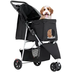 3 Wheels Pet Stroller Dog Jogging with Breathable Mesh Window, Large Storage Basket, Cup Holder