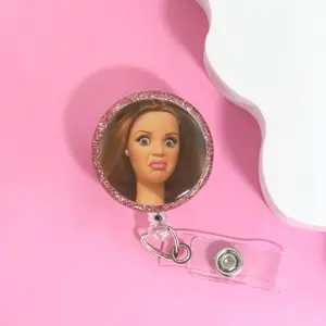 WTF Cringe Doll Badge Reel Funny Disgusted Doll Face Retractable ID Holder Clip Cute Nurse Gift for RN CNA Medical Office Staff