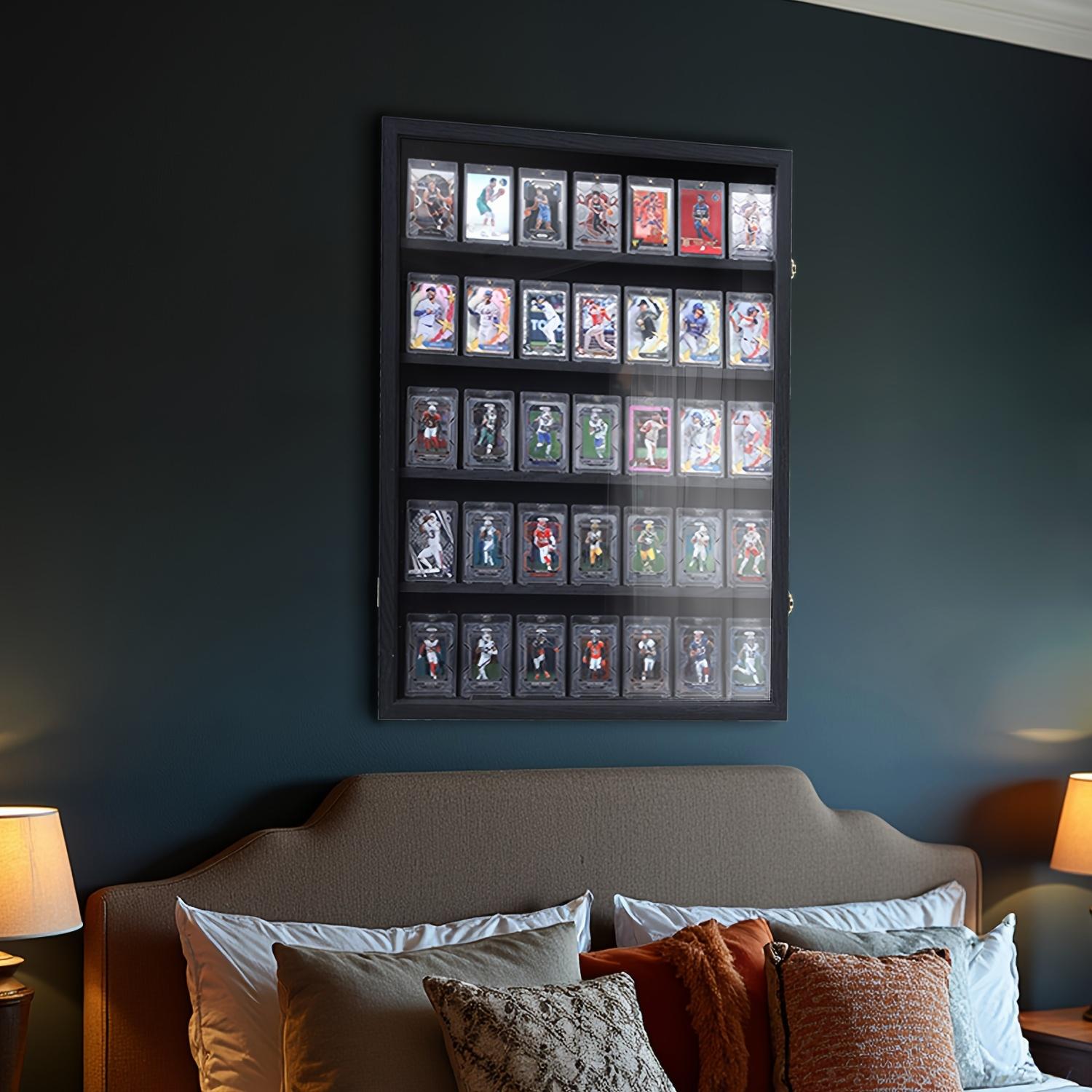 Baseball Card Display Case - 35 Graded Card Display Frame - Holds Sport Cards with UV Protection Clear View Cabinet for Football Hockey Trading Card, Large Black (1 Pack)