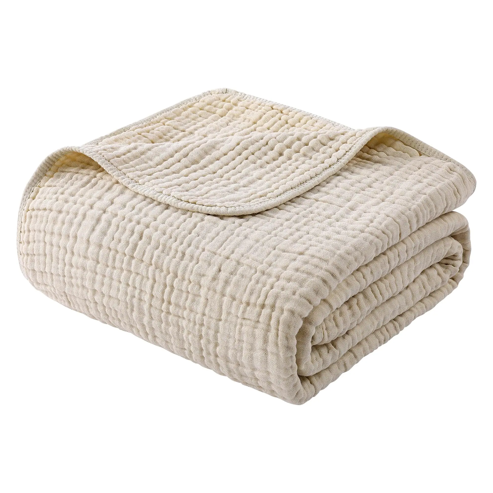 Yoofoss Muslin Blanket 100% Cotton Throw Blanket Large 50" x 60" for Bed Couch 6-Layer Gauze Blanket for Adults Sofa Lightweight and Breathable Apricot White