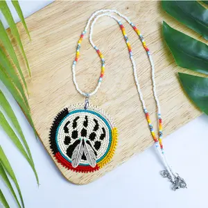 Bear Paw Handmade Beaded Wire Necklace Pendant – Native American Style, Unisex, Adjustable, Tribal Jewelry for Men & Women