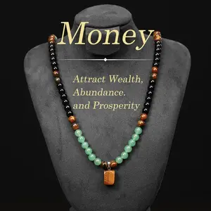 Wealth-attracting necklace with green agate and tiger eye pendant healing crystals, anniversary, vacation, and themed party jewelry charm, abundance crystal , long chain, sweater chain, ideal gift jewelry for both men and women money attraction