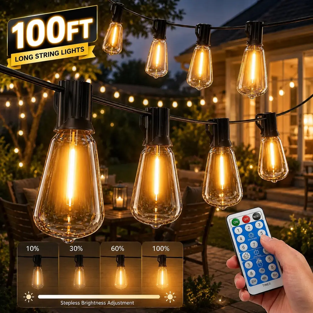 100FT Solar Outdoor String Lights with Remote, Shatterproof LED Bulbs, Waterproof Commercial Grade Hanging Patio Lights, 8 Lighting Modes, Dimmable & Timer, Heavy-Duty Golden Glow Lights for Backyard, Garden, Porch, Party, Home Decor