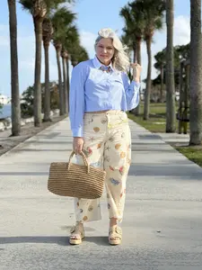 Oceana Barrel Denim High-Waisted Flattering Fit Relaxed Sculpted Silhouette Seaside Print Eyelet Detailing Functional Pockets