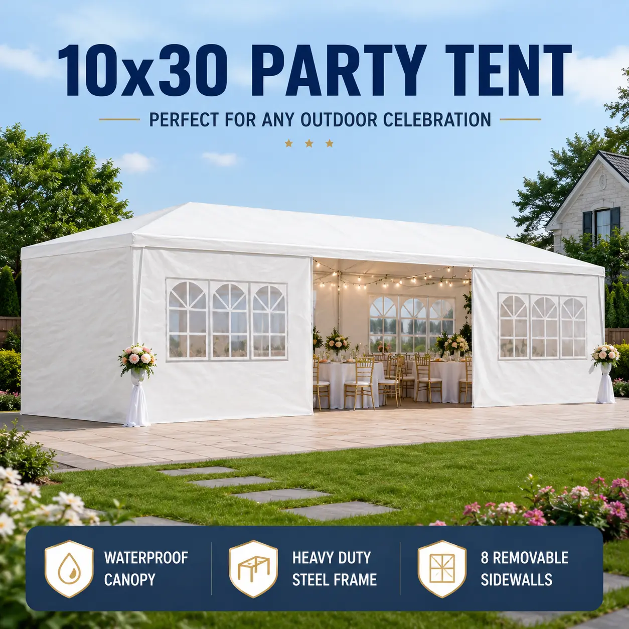 Outdoor Gazebo Tent Party Tent Canopy Wedding Tent 10x30 ft Heavy Duty Outdoor Event Canopy Marquee with 8 Removable Sidewalls Waterproof Steel Frame for Backyard Garden Party Reception Outdoor Shelter
