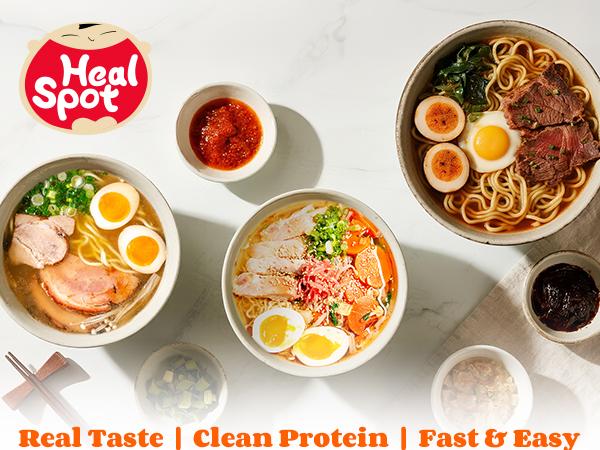 Healspot High Protein Instant Ramen Cups, 6 Cups, 32g Plant-Based Protein, Non-Fried, Low Fat, Low Carb, Non-GMO, Golden Chicken, Smoky Beef & Classic Pork