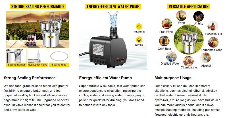 VEVOR Water Wine Distiller Stainless Steel, TikTokShopBlackFriday, Copper Tube With Circulating Pump, Home Brewing Kit Build-in Thermometer for DIY Whisky Wine Brandy Oil Utensils