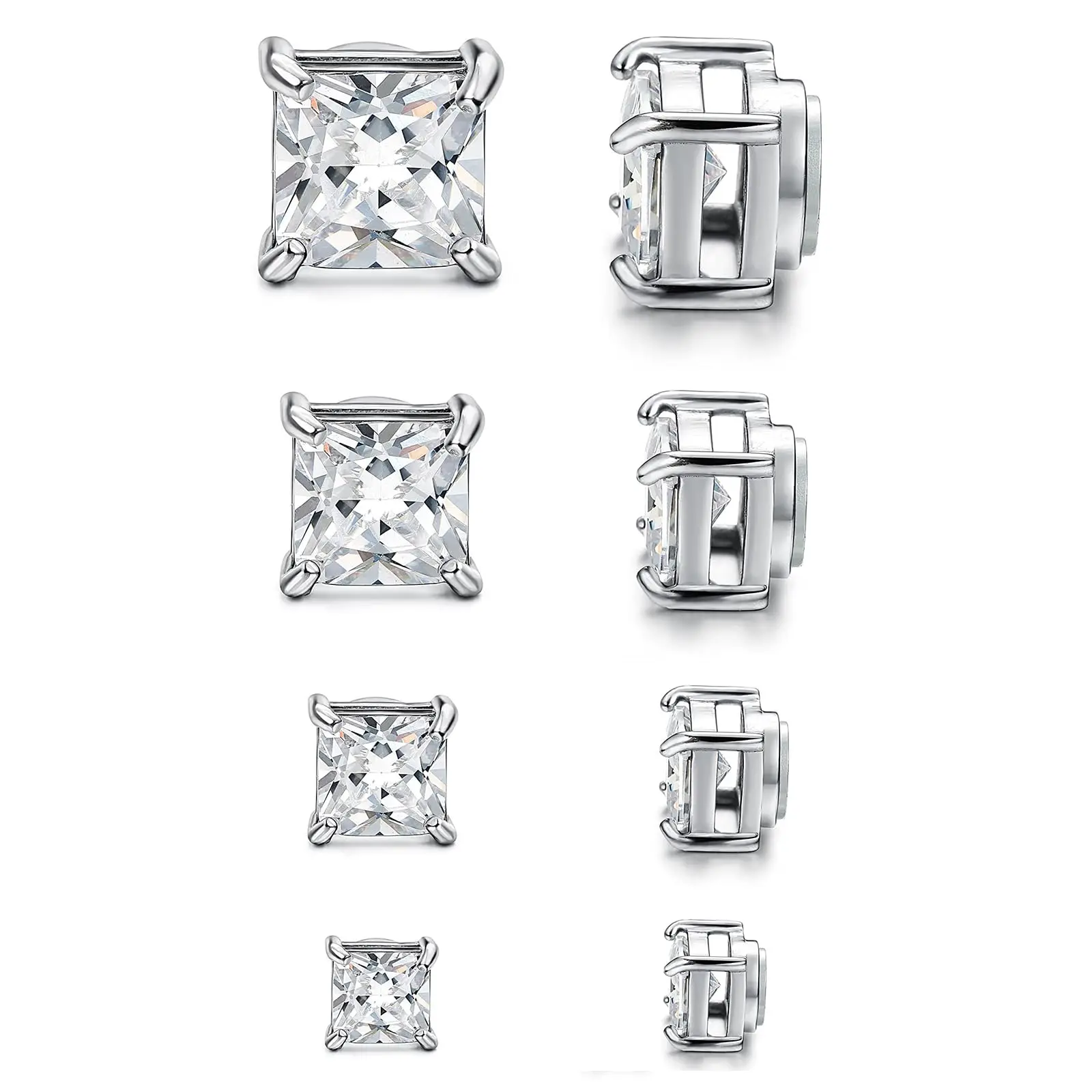 Stainless Steel CZ Magnetic Earrings Set - 2 Non-Piercing Clip-On Hypoallergenic Unisex Sparkly Earrings, 5-8MM Sizes for Men, Fake Diamond Earrings