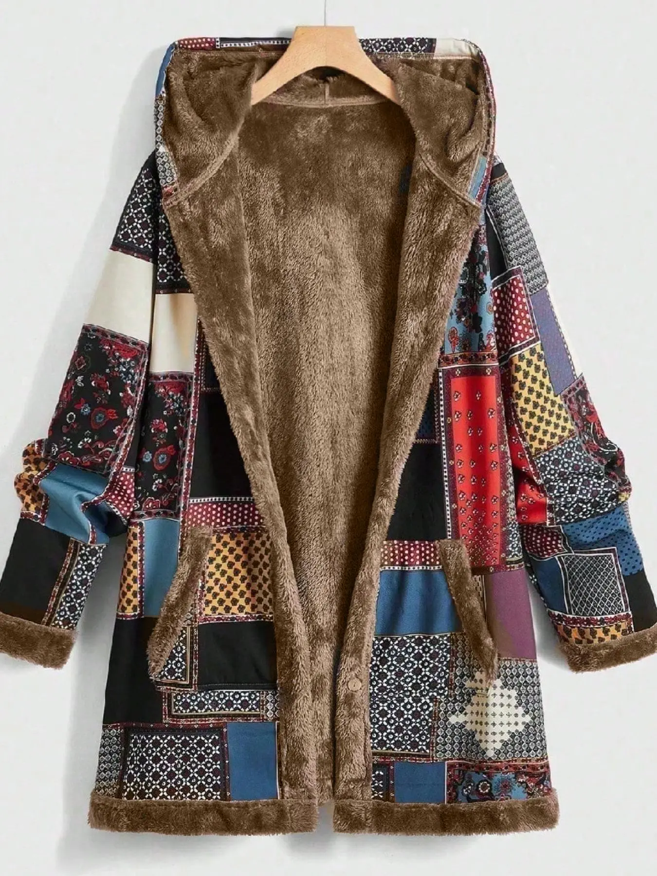 Women's Patchwork Print Long Sleeve Hooded Coat, Casual Chic Outerwear, Outerwear With Pockets, Casual Jacket Coat, Casual Pocket Thermal Lined Outerwear for Fall & Winter, Women's Clothing for Daily Wear, Casual Warm Coat