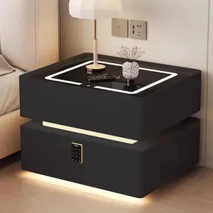 Modern Style Solid Wood Bedside Table with Wireless Charging Smart 2 Drawers Bedroom Nightstands with Lock 40/45/50cm