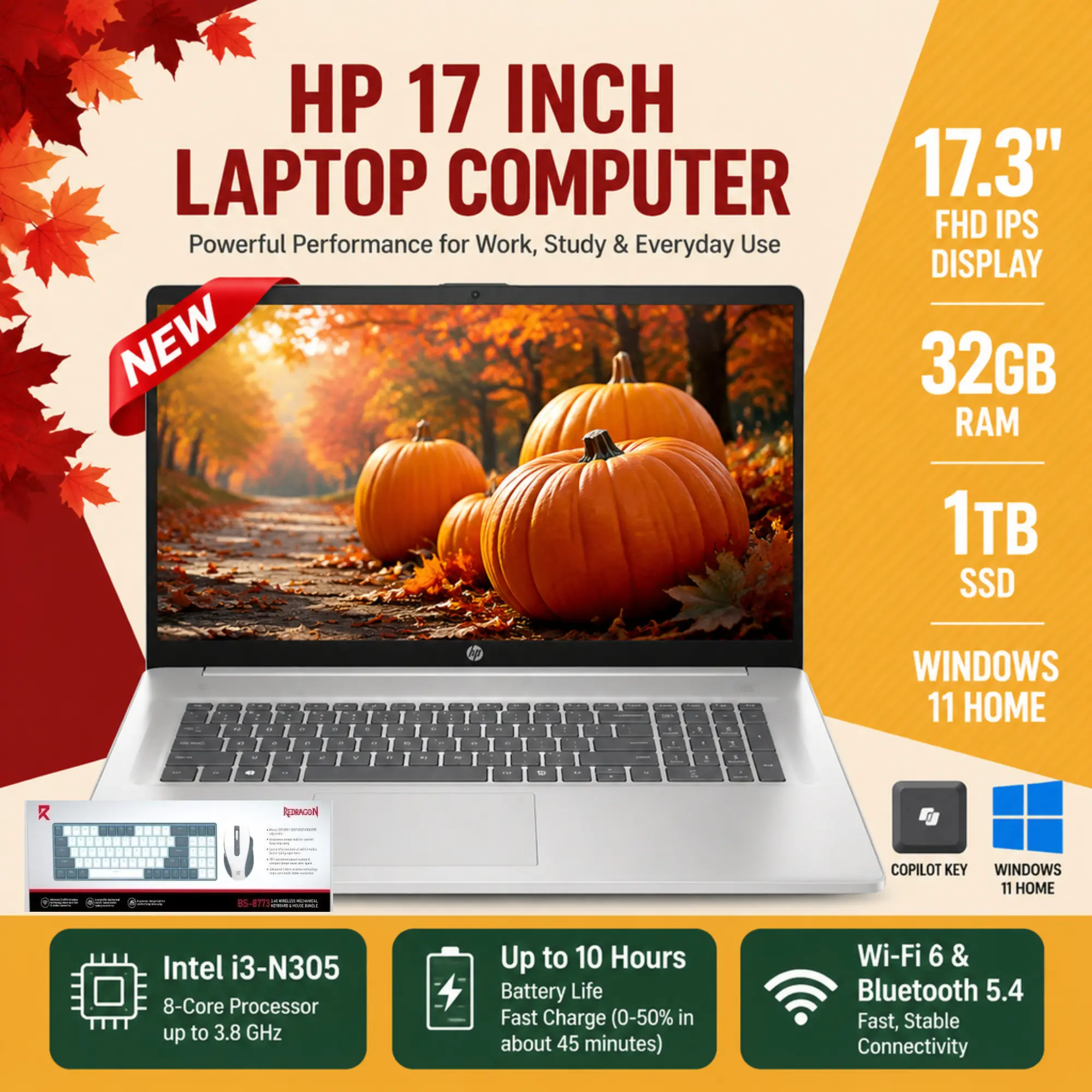 HP 17.3" FHD IPS Laptop, 8‑Core Intel i3‑N305, Up to 32GB RAM 1TB SSD, Windows 11 Home, Fast Charge, WiFi 6 Bluetooth 5.4 HD Webcam, Bundle Accessories Included, for Student & Business