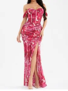 Bella Vida Corset Style Maxi Dress in Vibrant Red Floral Print with Off-the-Shoulder Sleeves