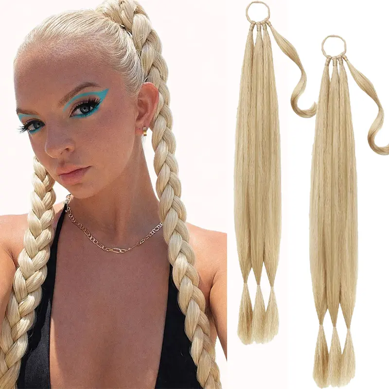 TwiceBeauty Long Braid Ponytail Extension with Hair Tie Long Straight Wrap Around Hair Extensions Ponytail Soft Synthetic Hair Medium blonde 32 Inch Clip In