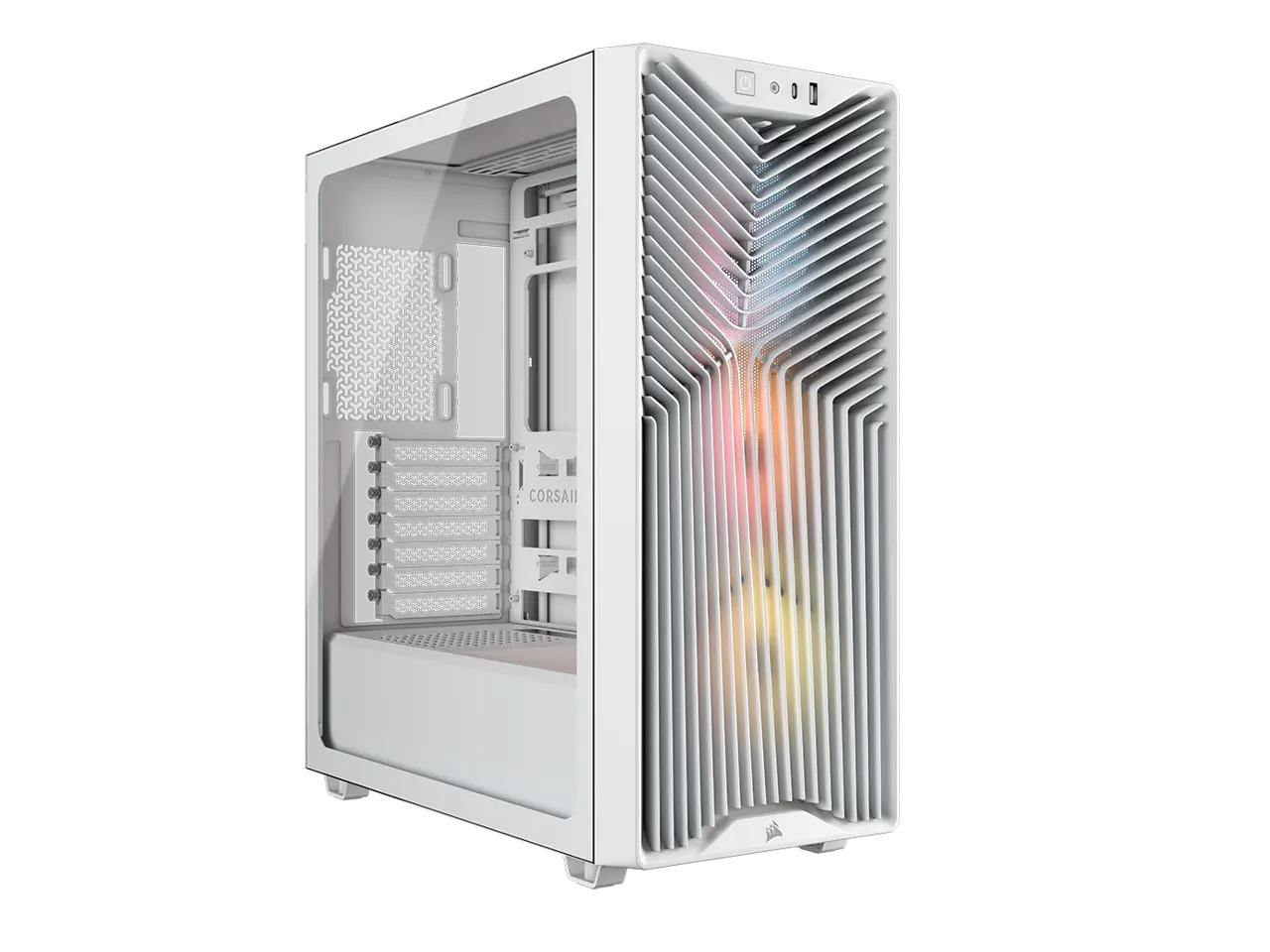 The CORSAIR 3200D RS ARGB is a spacious and fully-loaded mid-tower chassis with 3x RS120 ARGB fans and useful DIY features for an easy build with powerful cooling. White.