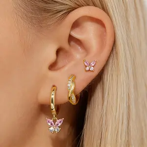 3 Pairs 14K Gold Plated Butterfly Earrings for Women,  Small Huggie Hoop Earrings Sets for Multiple Piercing Hypoallergenic, CZ Cartilage Earrings Stacks Trendy Earrings Jewelry Gifts
