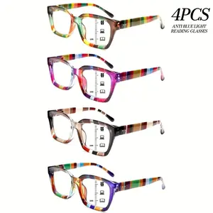 4 Pack Progressive Multifocal Reading Glasses for Women Blue Light Blocking Rectangular Frame Colorful Stripe Spring Hinge Comfortable Eyeglasses