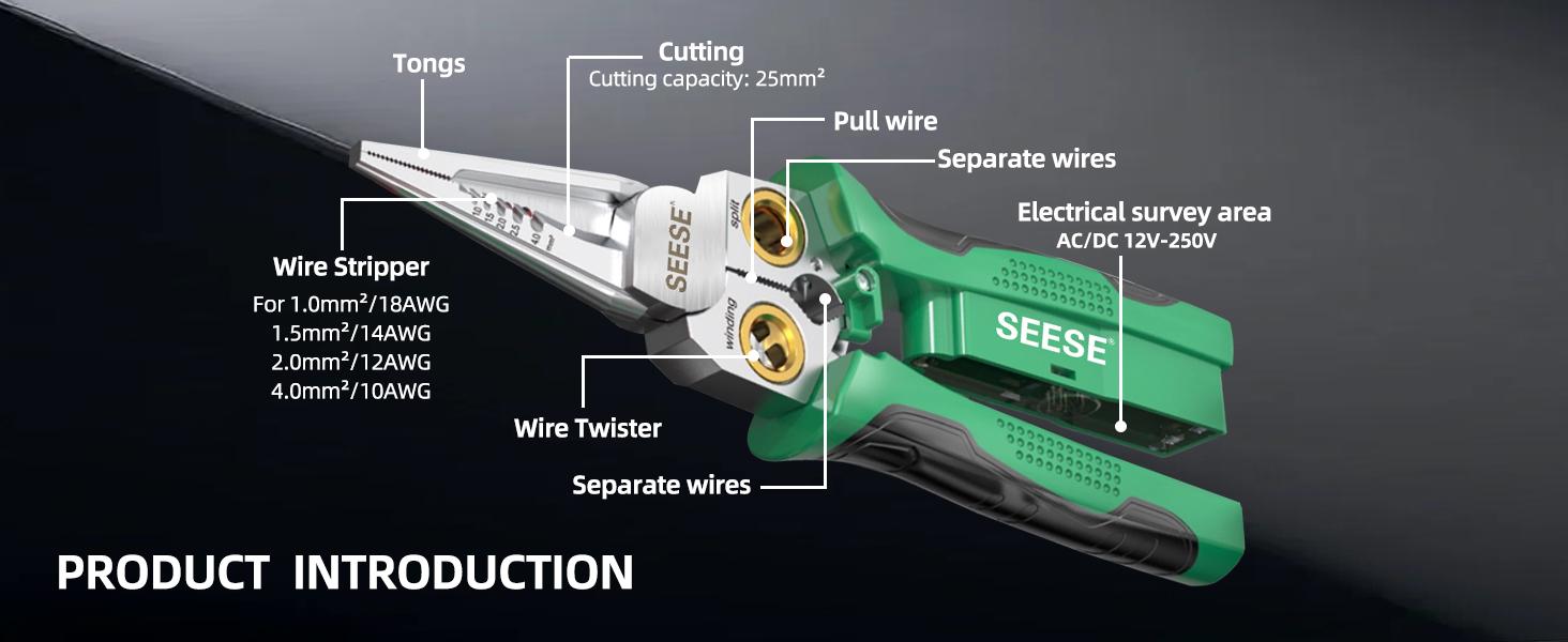 SEESE 8 in 1 Wire Stripper,Cutting and Pulling Wires,Cable Scissors,Voltage Tester,Hot Wire Judgment,Electricians Versatile Functionality